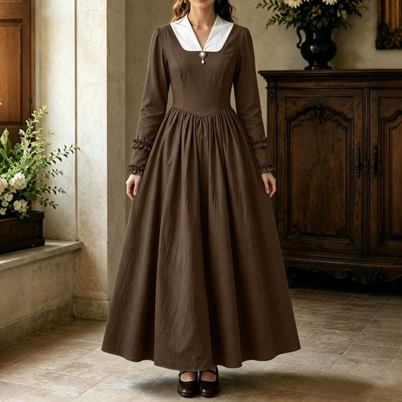 Blmnix Elegant Dresses Women Dresses Fit & Flare A Line Dresses Corset Dress Dress Maxi Brown V-Neck Long Sleeve Adjustable Waist Summer Dresses for Women S