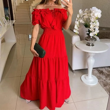 Blmnix Sexy Dresses for Women Trendy Red Maxi Short Sleeve Solid Off The Shoulder Fit & Flare 2024 Girls Dresses