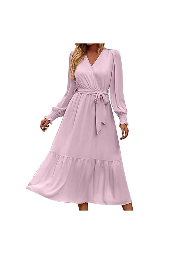 Blmnix Elegant Dresses for Women Long Pink Modest Long Sleeve Plus Size Tiered Wrap Womans Dresses Date Night