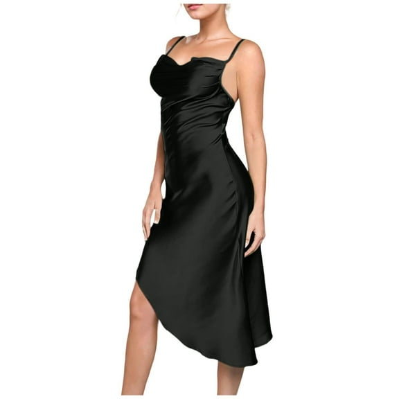 Blmnix Elegant Party Dresses for Women Slip Dress Satin Skirts Cocktail-Length Black Sleeveless Square Neckline New Years Eve Dress Women,XS