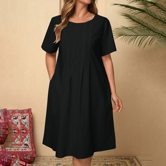 Blmnix Elegant Summer Dress Mid-Length Pleated Dress Fit & Flare Nightgown Black Short Sleeve Crew Neck Hawaiian Dresses for Women,M