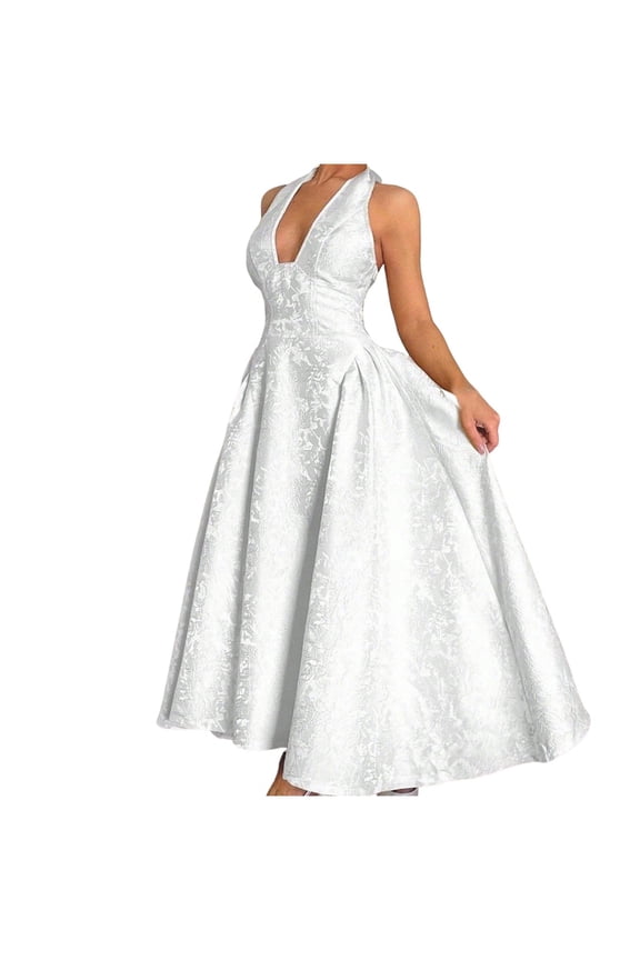 Elegant Summer Dresses for Women Fit & Flare Long Sexy Under Dresses Halter Sleeveless White Sweater Dress,S