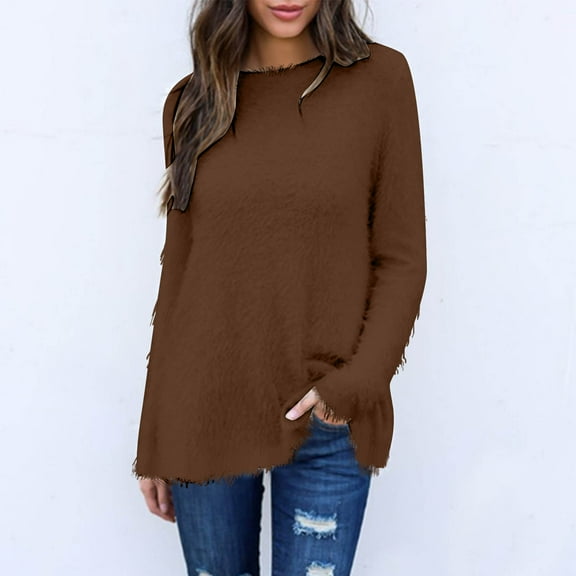 Blmnix Elegant Tops for Woman Brown Sweater Crew Neck Tunic Long Sleeve Solid Pullover Tops for Junior Fashion