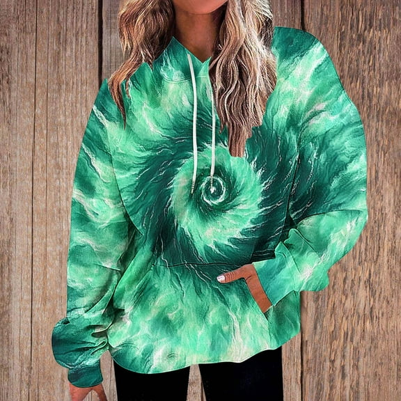 Blmnix Fall Basic Hoodies for Women Green Tie-Dye Women’S Blouses Long Sleeve Hoodie Hooded Tops