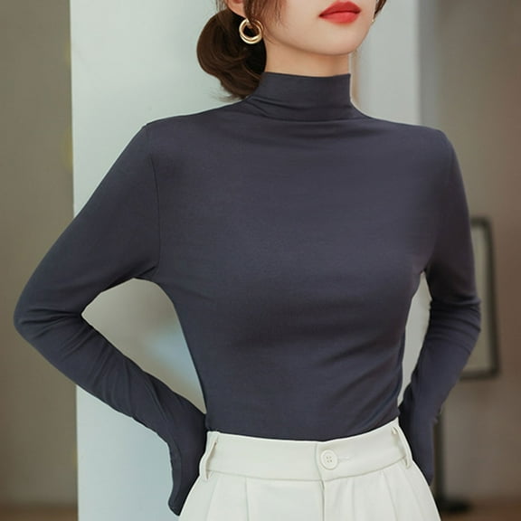 Blmnix Fall Basic Women's Work Tops Dark Gray Soft Relaxed T Shirts High Neck Long Sleeve Shirts