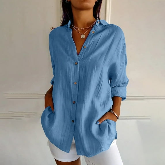 Blmnix Fall Must-Haves Party Tops for Women Light Blue Draped Solid Color Workout Shirts Women V-Neck Long Sleeve Blouses
