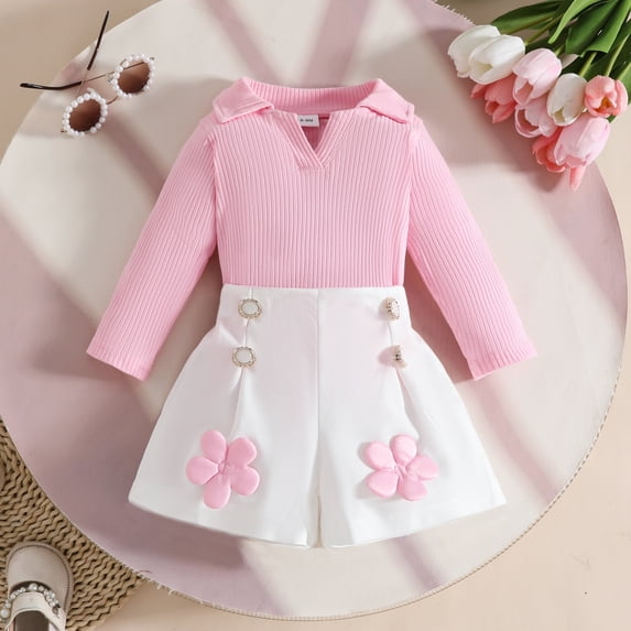 Blmnix Fall Outfits 2 Piece Outfits Pleated Sweater Cute Outfits Sets Collared Long Sleeve Pink Matching Outfit Sets 9-12 Month