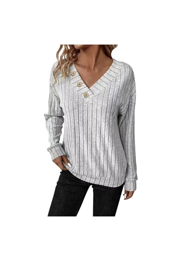 Fall Shirts V-Neck Gray Textured Womens Basic Tops Ornamental Buckle Long Sleeve Tops