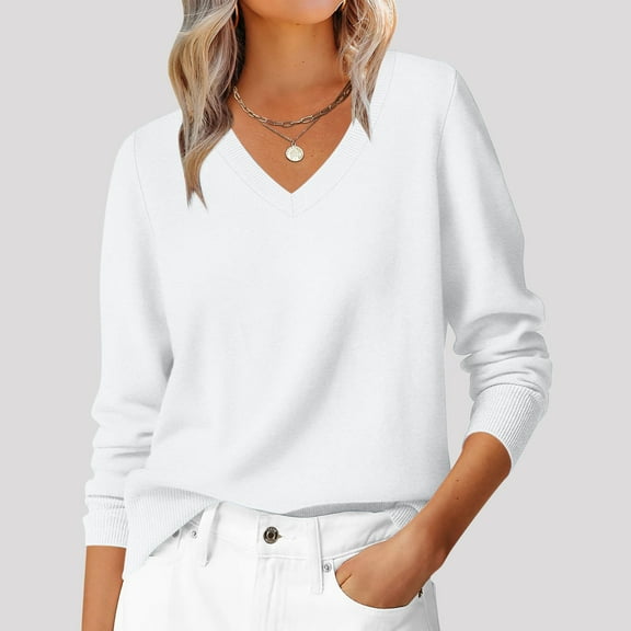 Blmnix Fall Sweaters Clothing Plain White Pullover Womens Workout Tops Long Sleeve V-Neck Chunky Tops