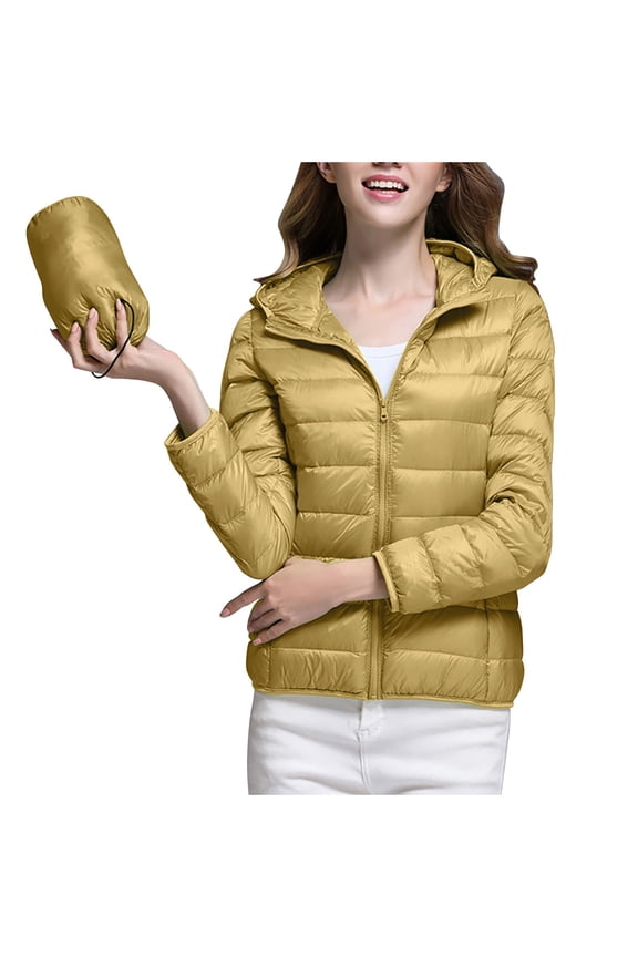 Blmnix Fall Womens Jackets Gold Packable Long Sleeve Short Puffer Solid Quilted Jackets for Lady Casual