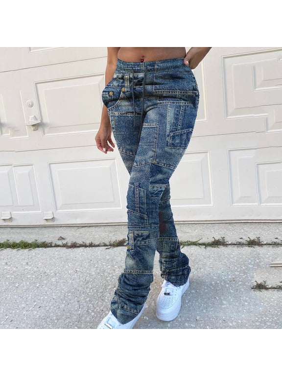 Blmnix Fall Womens Jeans Capris Blue High Slim-Leg Skinny Stacked Casual Jeans for Junior Elactic