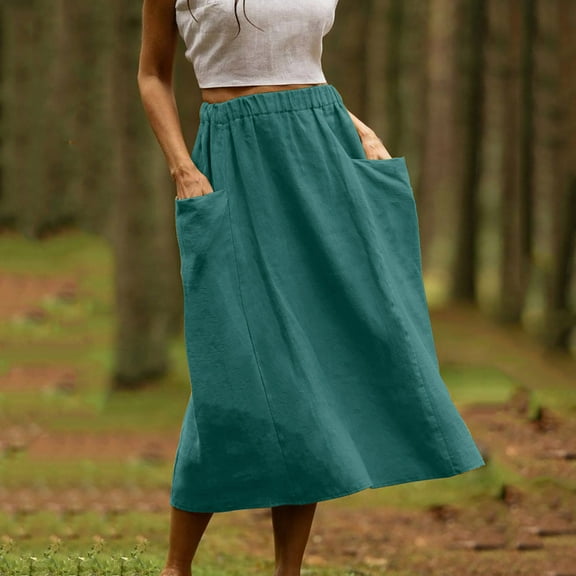 Blmnix Fall Womens Skirts Blue Long with Pockets Cotton Linen Work A-line Skirts for Ladies High Waist, S-XXL