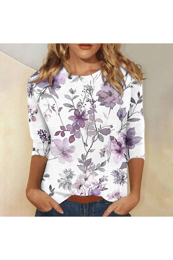 Fashion 2025 Women T Shirts Cottagecore Purple Novelty Teacher T Shirts for Women Crew Neck 3/4 Sleeve Tees