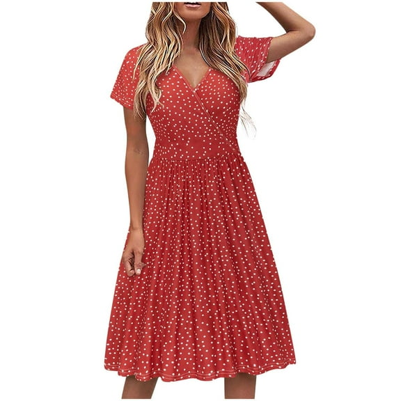 Blmnix Fashion Casual Fall Dresses for Women Red Polka Dot Mid-Length A-Line V-Neck Flowy Short Sleeve Dresses
