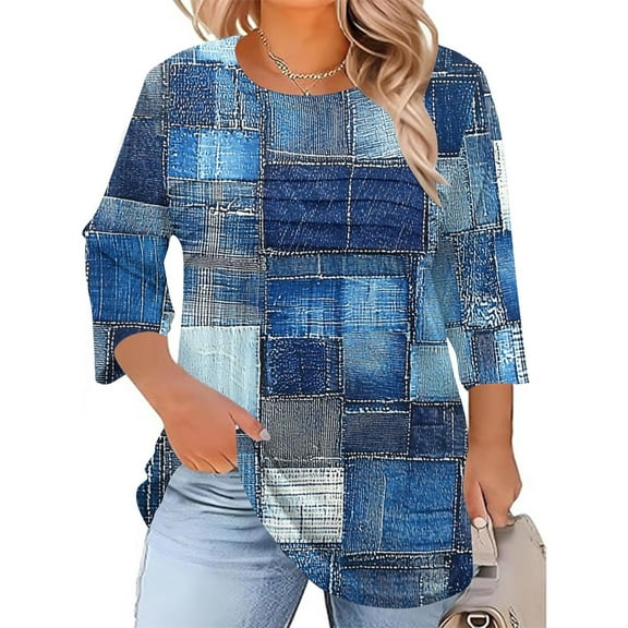 Blmnix Fashion Tunics Casual Womens Tops Relaxed Checkered Work Blouses for Women 2025 Blue Crew Neck 3/4 Sleeve Tops