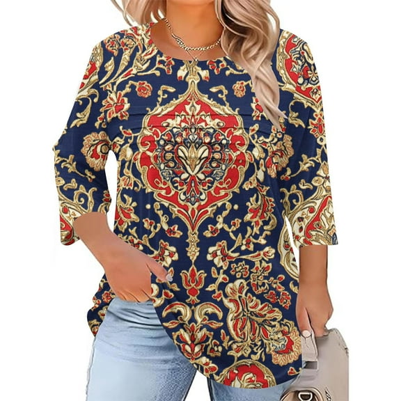 Blmnix Fashion Tunics Womens Office Tops Ethnic Floral Pullover Plus Size Tshirts for Women 3/4 Sleeve Crew Neck Brown Tops