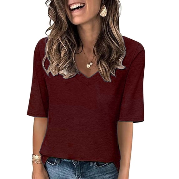 Blmnix Fashion Womens Tops Elbow-Length Red V-Neck Basic Loose Solid Blouse Casual Blouses