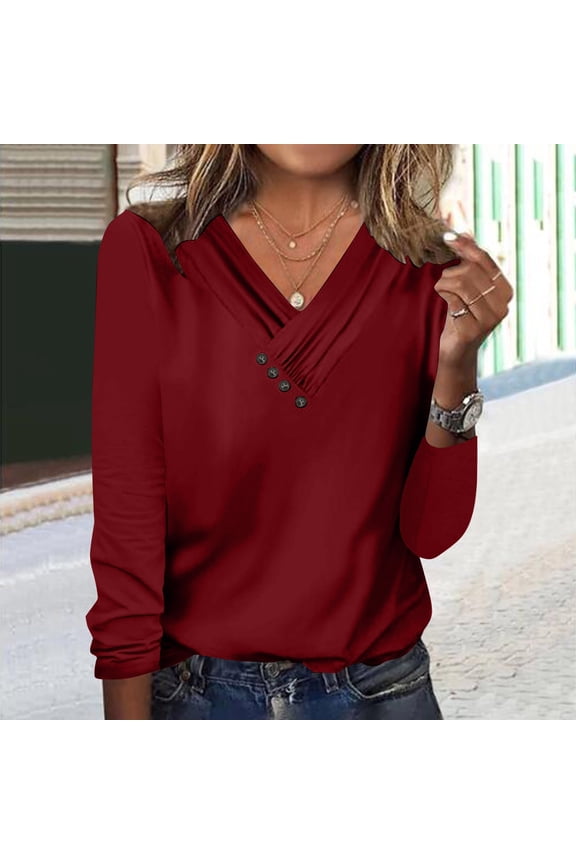 Festival Tops V-Neck Wine Top Long Sleeve Ruched Tops