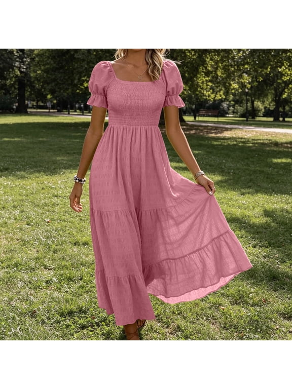 Fit & Flare Dresses for Women 2026 Elegant A Line Vacation Dress Dress Short Sleeve Square Neckline Maxi Pink Summer Dresses for Women L