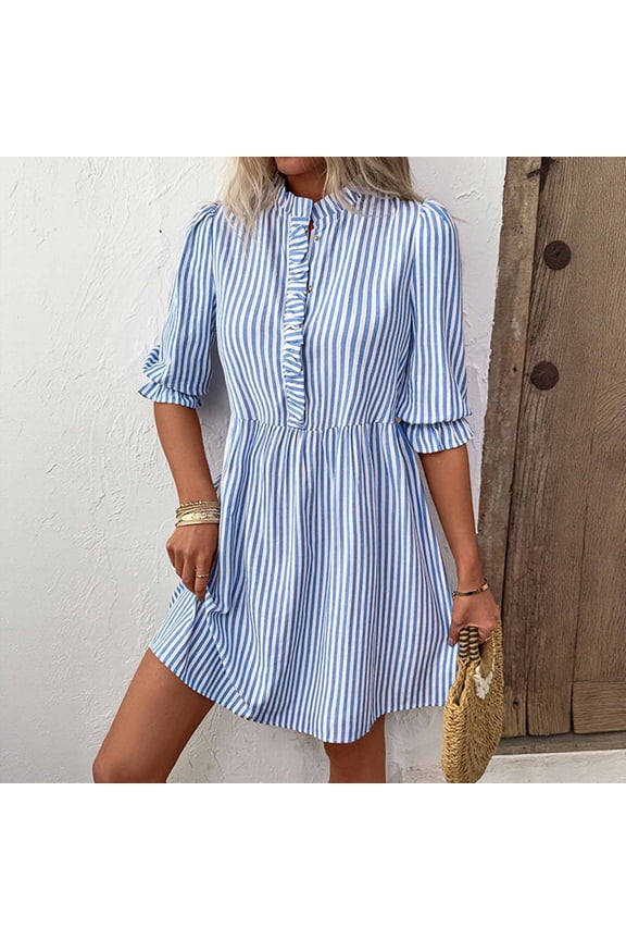 Fit & Flare Holiday Party Dresses for Women Striped Waisted Skirts Blue Henley Elbow-Length Summer Dress,S