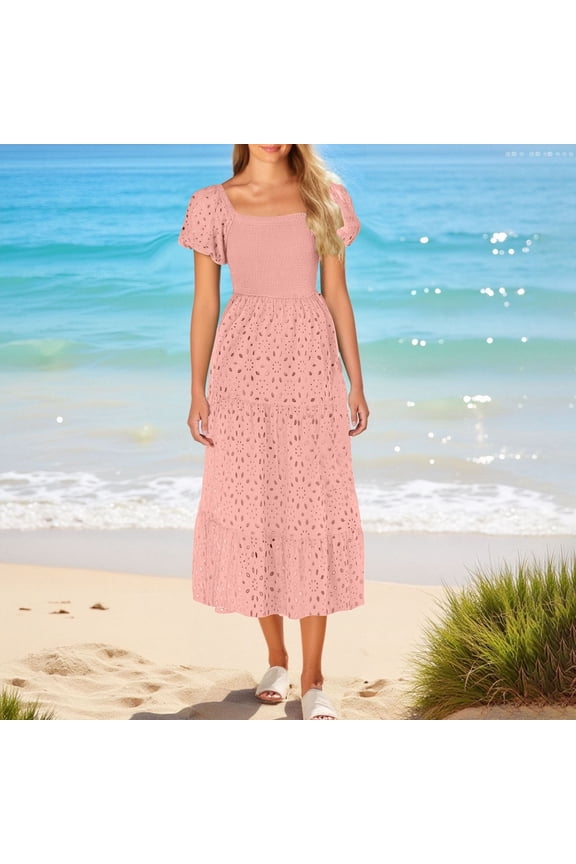 Fit & Flare Ladies Dresses Cotton Dresses Hawaiian Dresses Dresses Cocktail-Length Short Sleeve Square Neckline Casual Dresses for Women Summer,XL