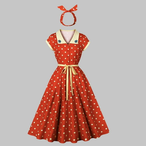 Blmnix Fit & Flare Summer Dresses for Women Vintage Waisted Skirt Collared Red 1/4 Sleeve Cocktail-Length Womens Dress,M