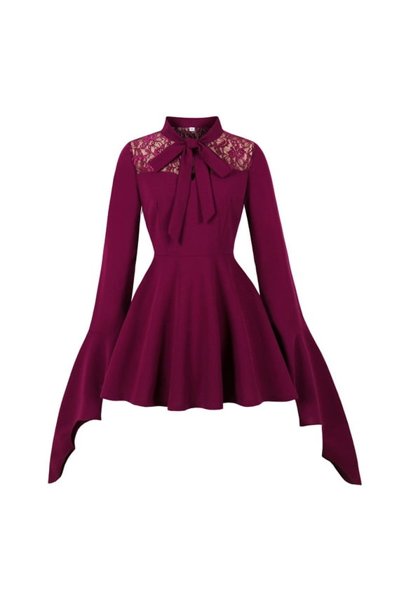Fit & Flare Valentine Dresses for Girls Cocktail Pleated Mini Under Dress Tie Neck Purple Long Sleeve Dress for Women,S