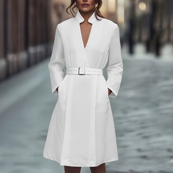 Blmnix Fit & Flare Valentine Dresses for Women Waisted Formal Skirts V-Neck Long Sleeve White Womens Dress,L