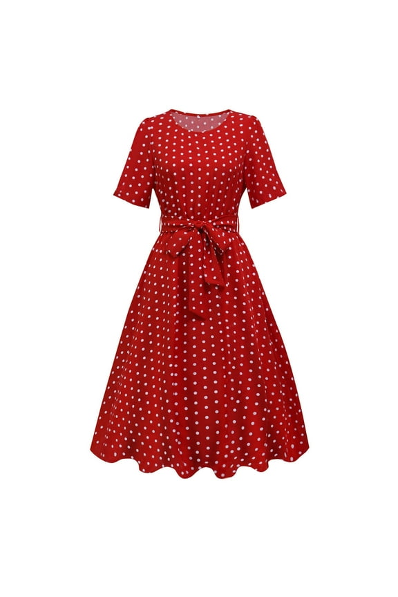 Fit & Flare Valentine Party Dresses for Women Vintage Polka&nbsp;Dot Under Dresses Crew Neck Cocktail-Length Red Short Sleeve Spring Dress,S