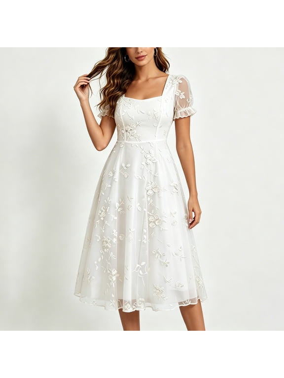Fit & Flare Woman Dress Lace Dress A Line Dresses Elegant Dresses Under Dress Mid-Length Short Sleeve White Square Neckline Women Summer Dresses XL