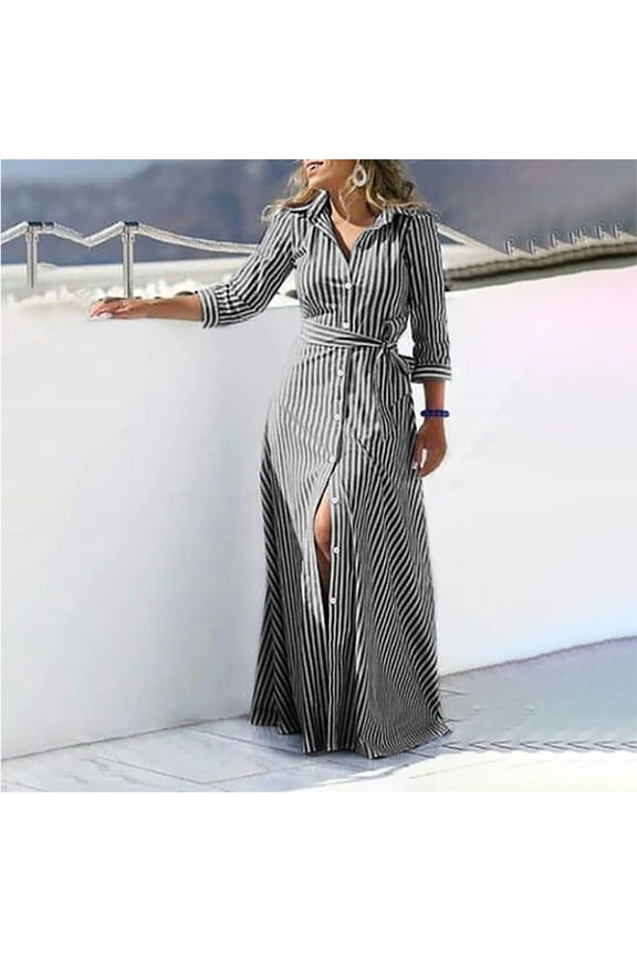 Fit & Flare Woman Dress Vacation Dress Button Down Dresses Long 3/4 Sleeve Collared Belted Womens Spring Dress,L
