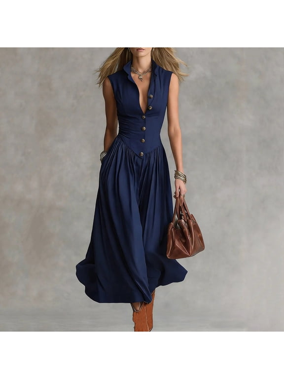Fit & Flare Women's Dresses Sexy Dresses Button Down Dress Cocktail-Length Henley Sleeveless Blue Adjustable Waist Womens Summer Dresses,L