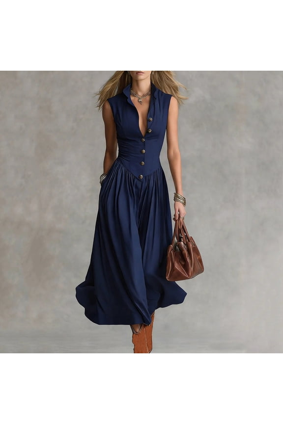Fit & Flare Women's Dresses Sexy Dresses Button Down Dress Cocktail-Length Henley Sleeveless Blue Adjustable Waist Womens Summer Dresses,L