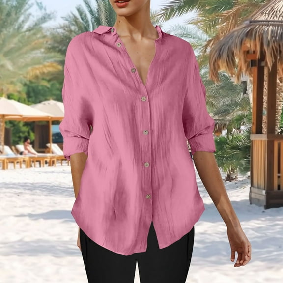 Blmnix Fitted Button Up Shirts Tunic Pink Solid Color Ladies Tops V-Neck Long Sleeve Shirts