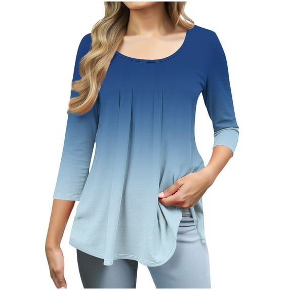 Blmnix Fitted Running Shirts Women Long Sleeve Dark Blue Dressy Gradient Funny T Shirts Scoop Neck Blouse