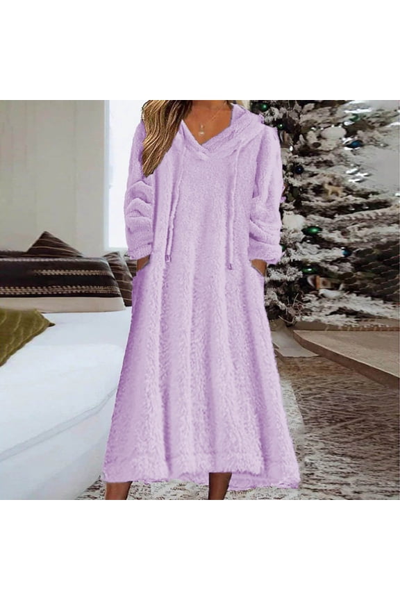 Flannel Nightgowns Womens Nightgowns & Sleepshirts Plus Size Nightgowns Nightgowns Sleep Dress Below-the-Knee Long Sleeve Hooded Purple Sleep Dress for Women,XL