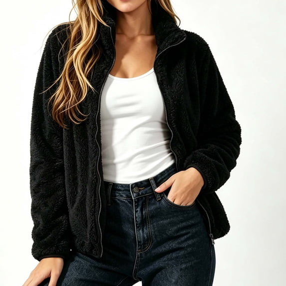 Blmnix Fleece Jacket Jacket Women Zip Up Sherpa Windbreaker Jacket Women with Pocket Raincoats Long Sleeve Black Winter Jackets for Women