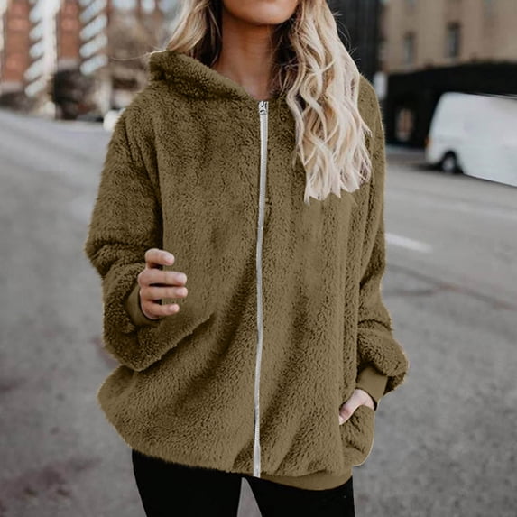 Blmnix Fleece Jacket Women Womens Jackets Sherpa Zip Up Jackets with Pocket Rain Jackets with Hood Brown Long Sleeve Jackets for Women Casual