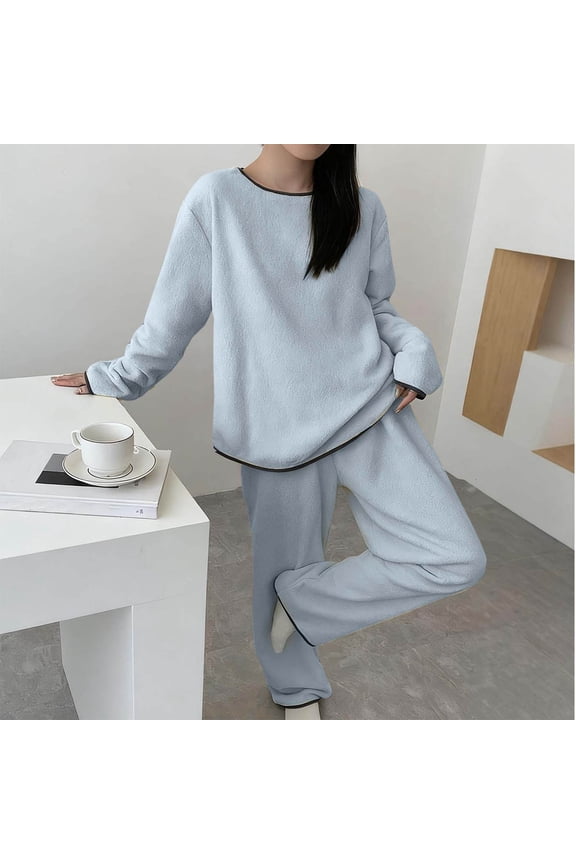 Fleece Pajamas Pajama Pants Sleepwear Sets Warm Pajamas Pants Long Sleeve Crew Neck Wide-Leg Blue Long Woman Pajama Set,Free Size