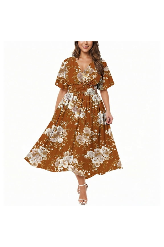 Floral Plus Size Formal Dresses for Women Fit & Flare Office Work Long V-Neck Elbow-Length Flowy Dresses