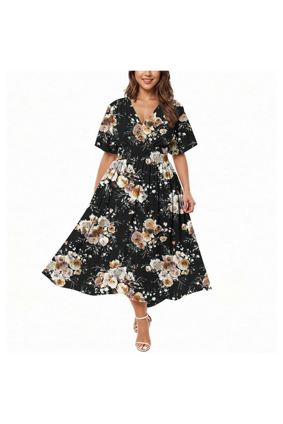 Floral Womens Dresses Plus Size Office Work Fit & Flare Long V-Neck Flowy Elbow-Length Dresses