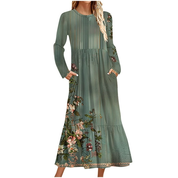 Blmnix Floral Womens Plus Size Dresses Pleated Peasant Navy Long Travel Crew Neck Long Sleeve Dresses