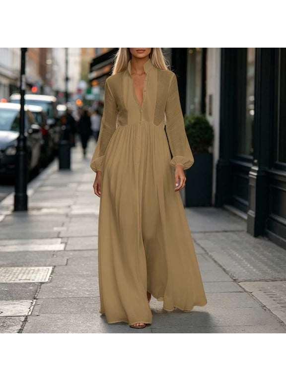 Flowy Dresses Womens Dresses Fit & Flare Button Down Under Dress Henley Maxi Long Sleeve Beige Adjustable Cuff Women Spring Dresses,L