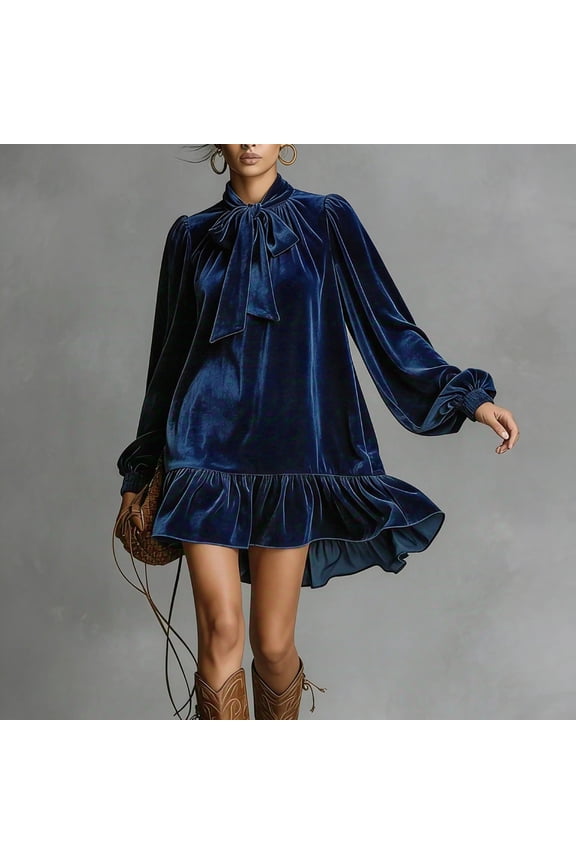 Flowy Holiday Dresses for Women 2026 Peplum Velvet Petticoat Blue Tie Neck Long Sleeve Spring Dress,XL