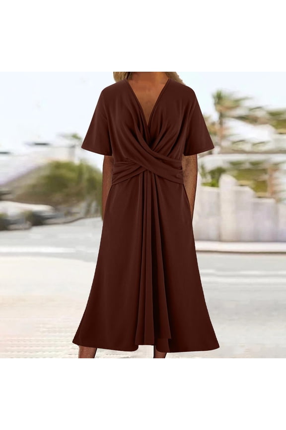 Formal Dresses Valentine Dresses for Women 2026 Plus Size Fit & Flare Skirts Brown V-Neck Short Sleeve Hawaiian Dresses for Women,XXL