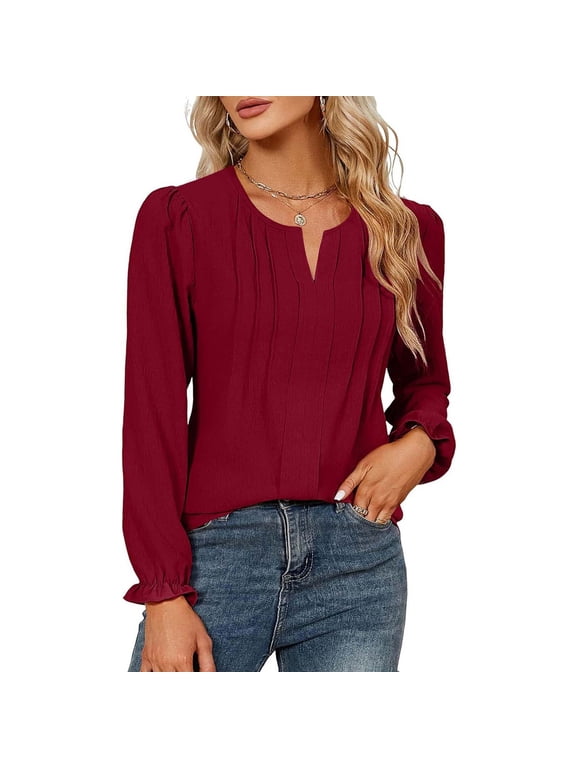Front Pleated Work Shirts for Women Basic Tee Wine Hiking Shirts Women V-Neck Long Sleeve Blouses