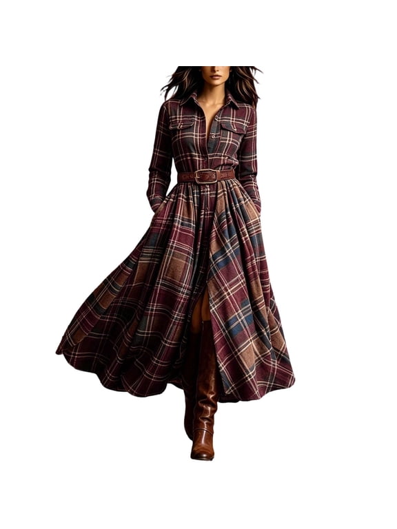 Gingham Dress Dresses for Women Fit & Flare Vintage Dress Flowy Dresses Under Dresses Collared Long Sleeve Red Cocktail-Length Belted Women's Summer Dresses L