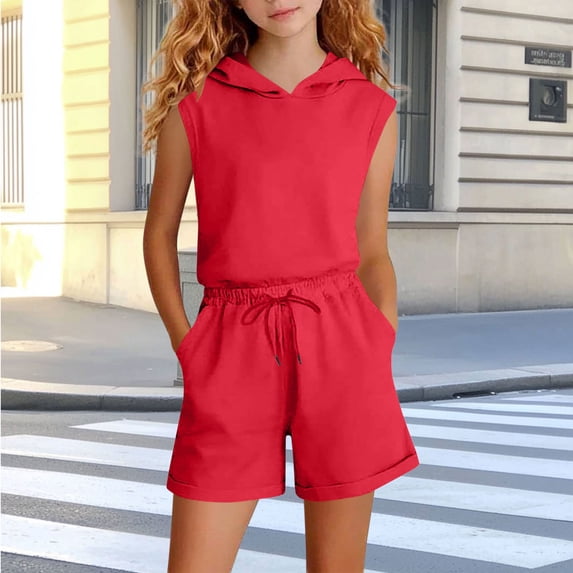 Blmnix Golf Outfit Two Piece Outfits Running Athletic Sets Sweatshirt Outfit Sleeveless Hooded Red Matching Outfit Sets 11-12 Years