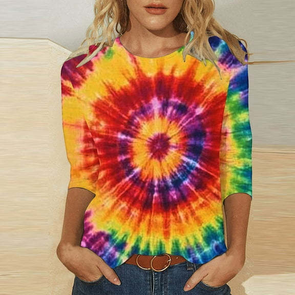 Blmnix Graphic Oversized Shirts Pullover Womens Going Out Tops Relaxed Crew Neck 3/4 Sleeve Shirts