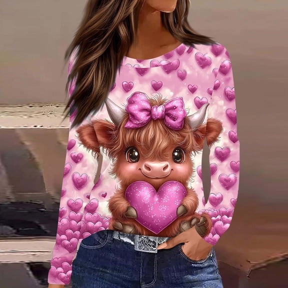 Blmnix Graphic Spring Shirts for Women 2026 Valentine Pullover Blouses Pink Long Sleeve Crew Neck Blouse Tops for Women,XXL